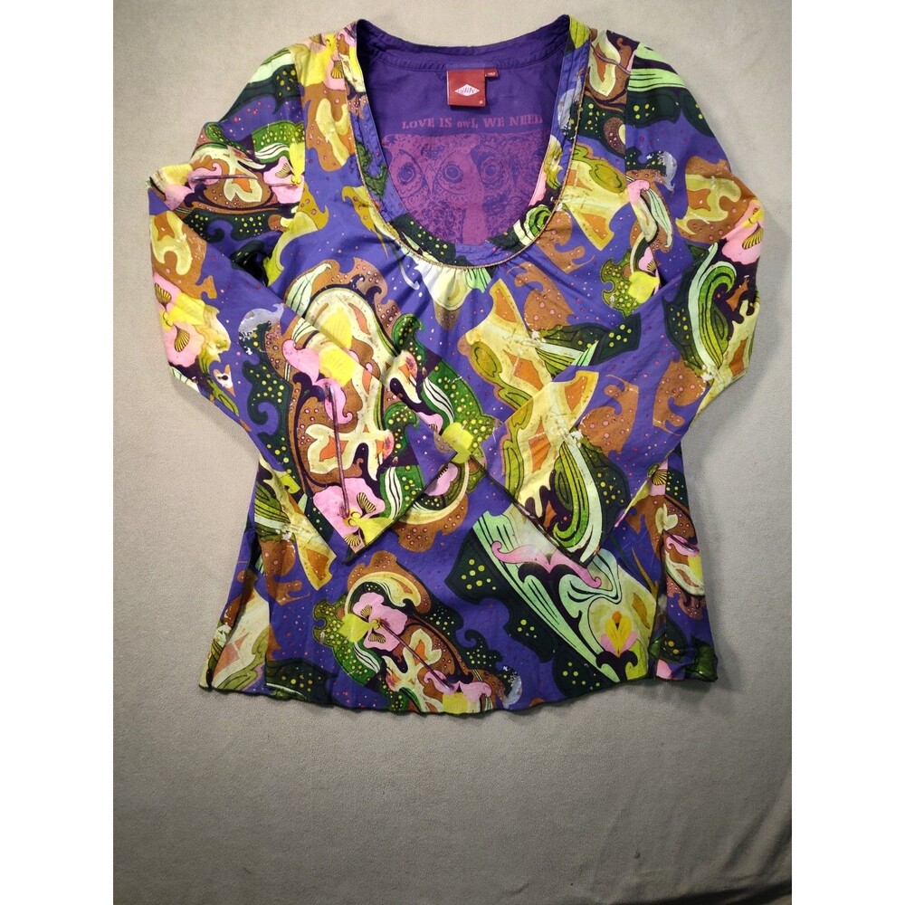 Oilily Womens Med 38 Graphic Owl Tunic Top Blouse Vintage Y2K Psychedelic Cotton